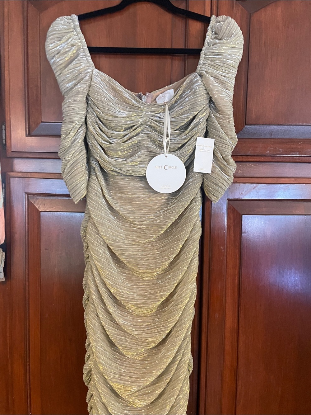 Miss Circle Gold Metallic Ruched Midi Dress